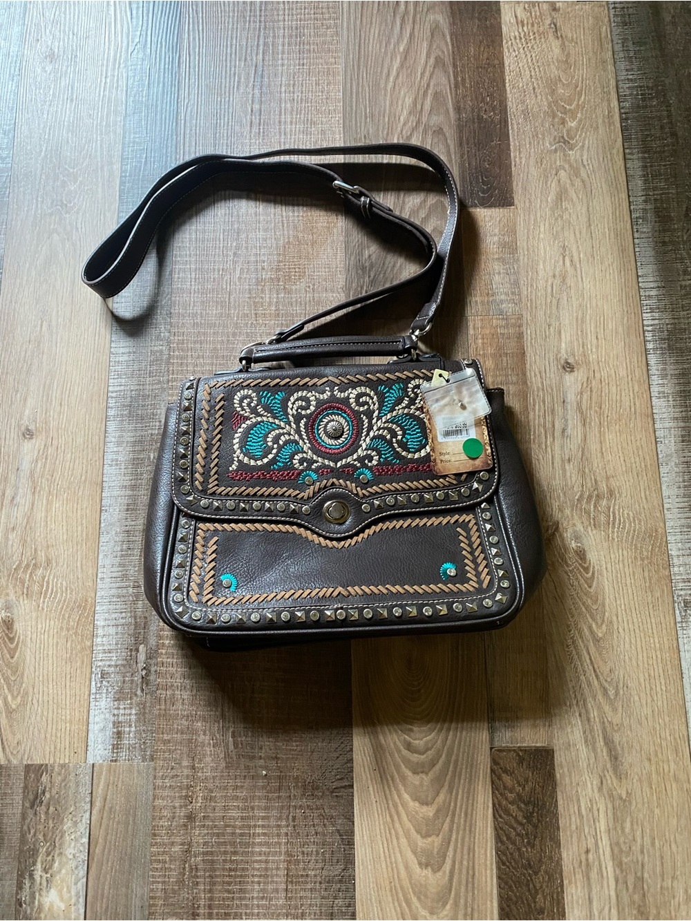 Brown Embroidered Crossbody Bag with Turquoise Accents